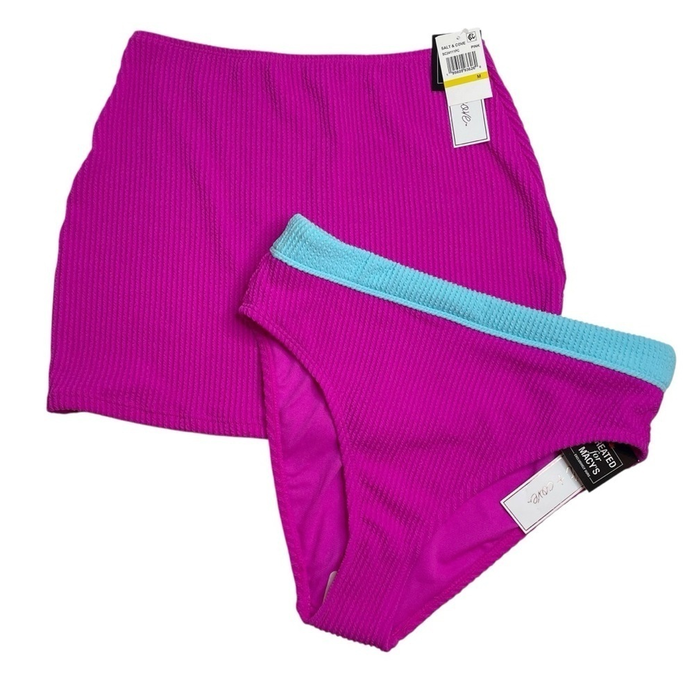 Salt + Cove Colorblocked Bikini Bottoms & Ribbed Pull On Swim Skirt Pink M New